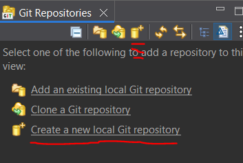 Minimal EGit UI highlighting 'Create a new local Git repository' text link and icon. Minimal EGit UI highlighting 'Create a new local Git repository' text link and icon.